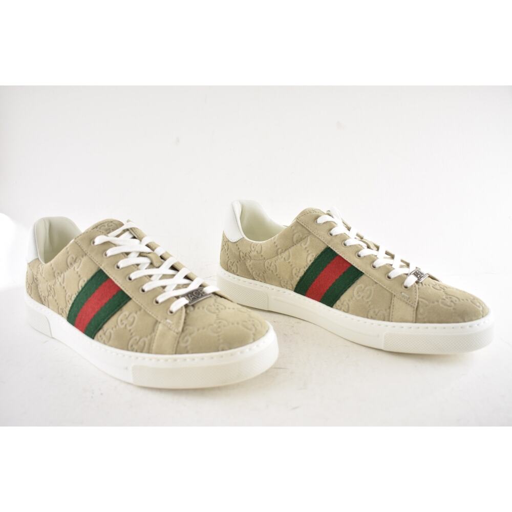 Gucci Ace Web GG Logo Oatmeal Beige Suede Flat Low Top Trainer Sneakers 41 - Picture 8 of 16